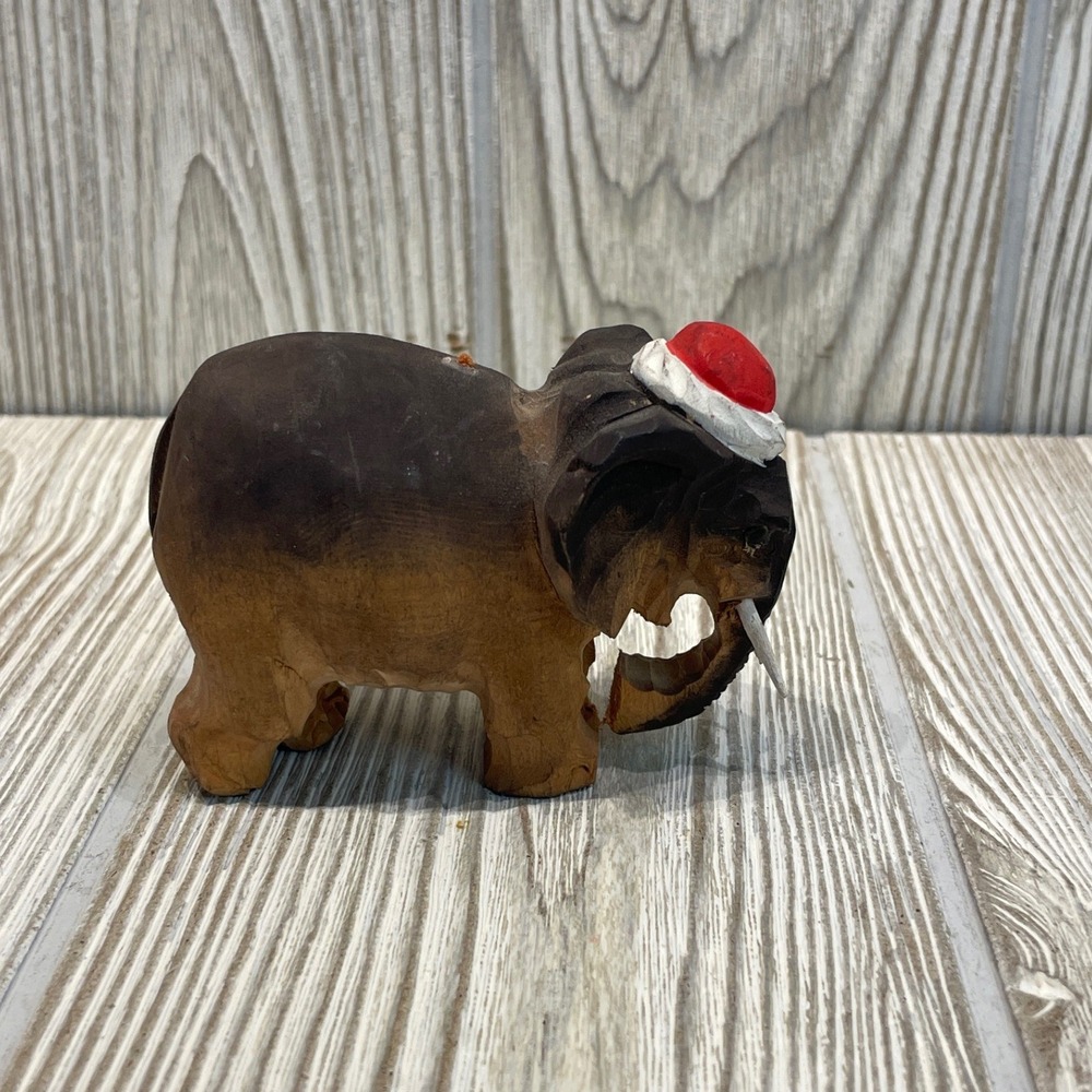 Hand Carved Wooden Elephant Figurine Santa Hat Christmas Holiday Decor Brown